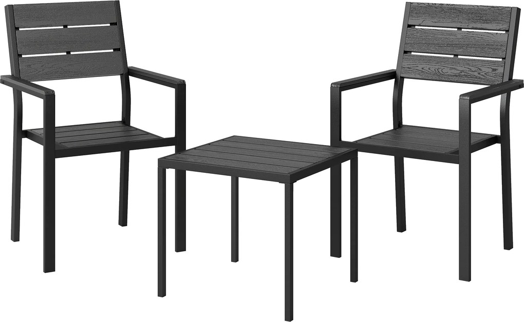Conjunto de Jardim de 3 Peças com 2 Cadeiras e Mesa de HDPE Design com Ripas Efeito Madeira para Varanda Preto