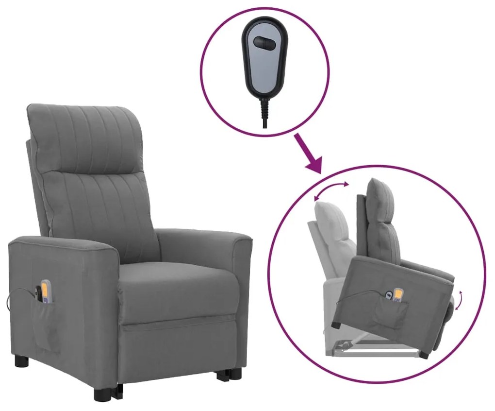 vidaXL Poltrona elevatória de massagens tecido cinzento-claro