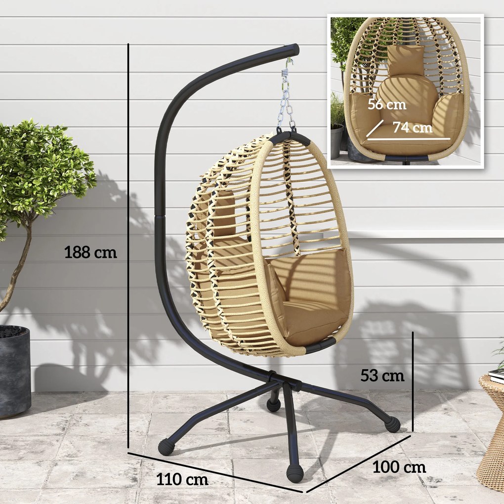 Cadeira Suspensa com Suporte Cesto Dobrável Almofada e Apoio de Cabeça para Interior e Exterior Capacidade 120 kg Bege