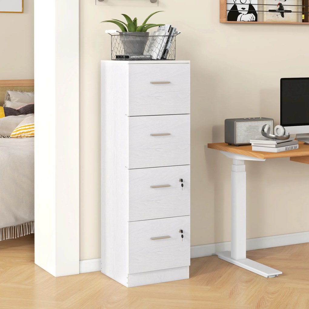 Bloco Gavetas de Escritório com 4 Gavetas Fechadura e Suportes Ajustáveis para Documentos A4 e Letter Branco 40x42x130,8 cm Branco
