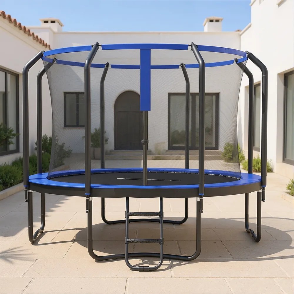 Trampolim para crianças 366 cm de jardim com rede de segurança, cobertura lateral preto-azul