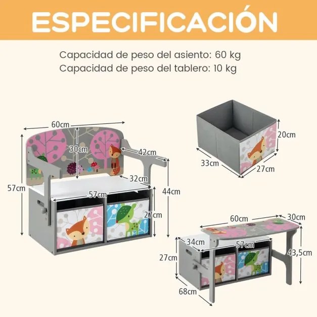 Conjunto de mesa e cadeira para crianças com 2 recipientes de pano amovíveis Mesa para crianças 3 em 1 com banco de actividades convertível Cinzento