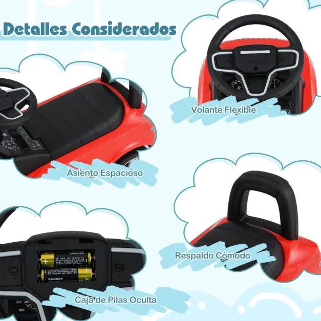 Andarilho para crianças forma de carro de 12 a 36 meses com buzina, sons e espaço para guardar Brinquedo para sentar e deslizar Vermelho