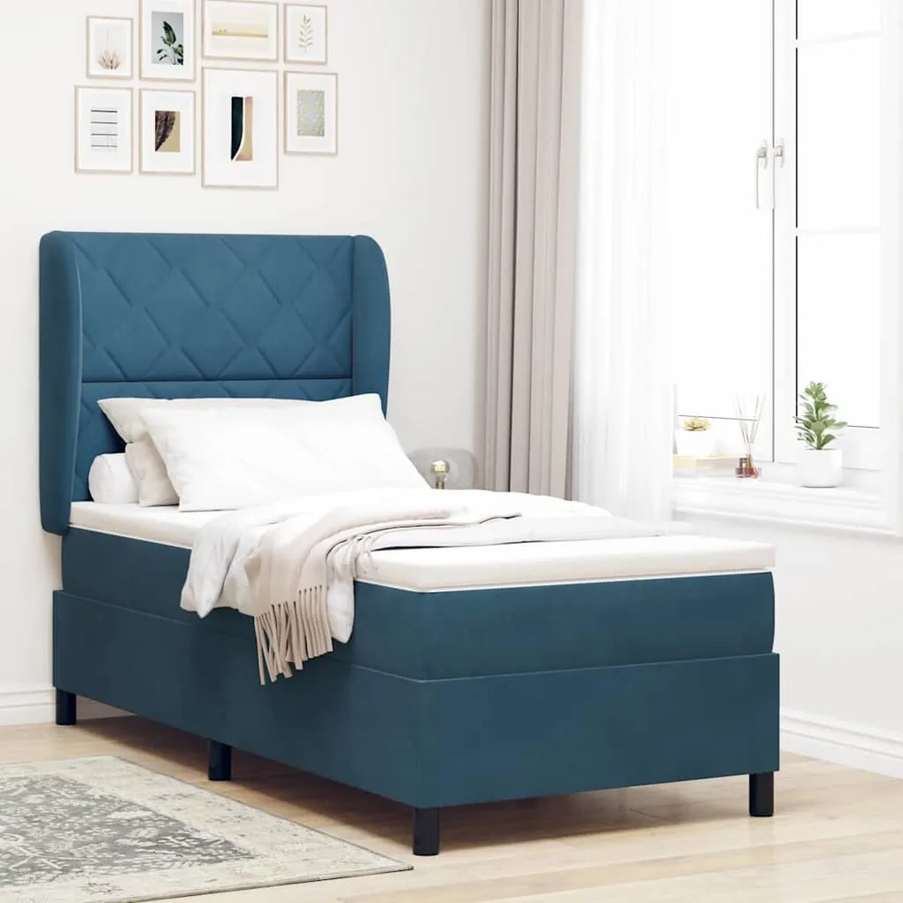 vidaXL Cama Box com colchão Azul Escuro 190 x 90 cm Poliéster
