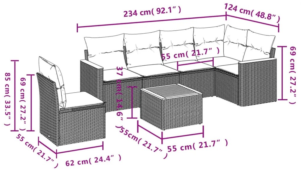 7 pcs conjunto de sofás p/ jardim com almofadões vime PE bege
