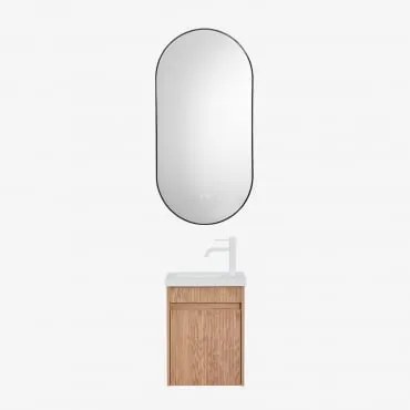 Conjunto De Móvel De Casa De Banho Suspenso Em Madeira Com Lavatório Integrado Narek Castanho Fresno & Ovale Led E Antifog Preto 50x100 Cm - Sklum