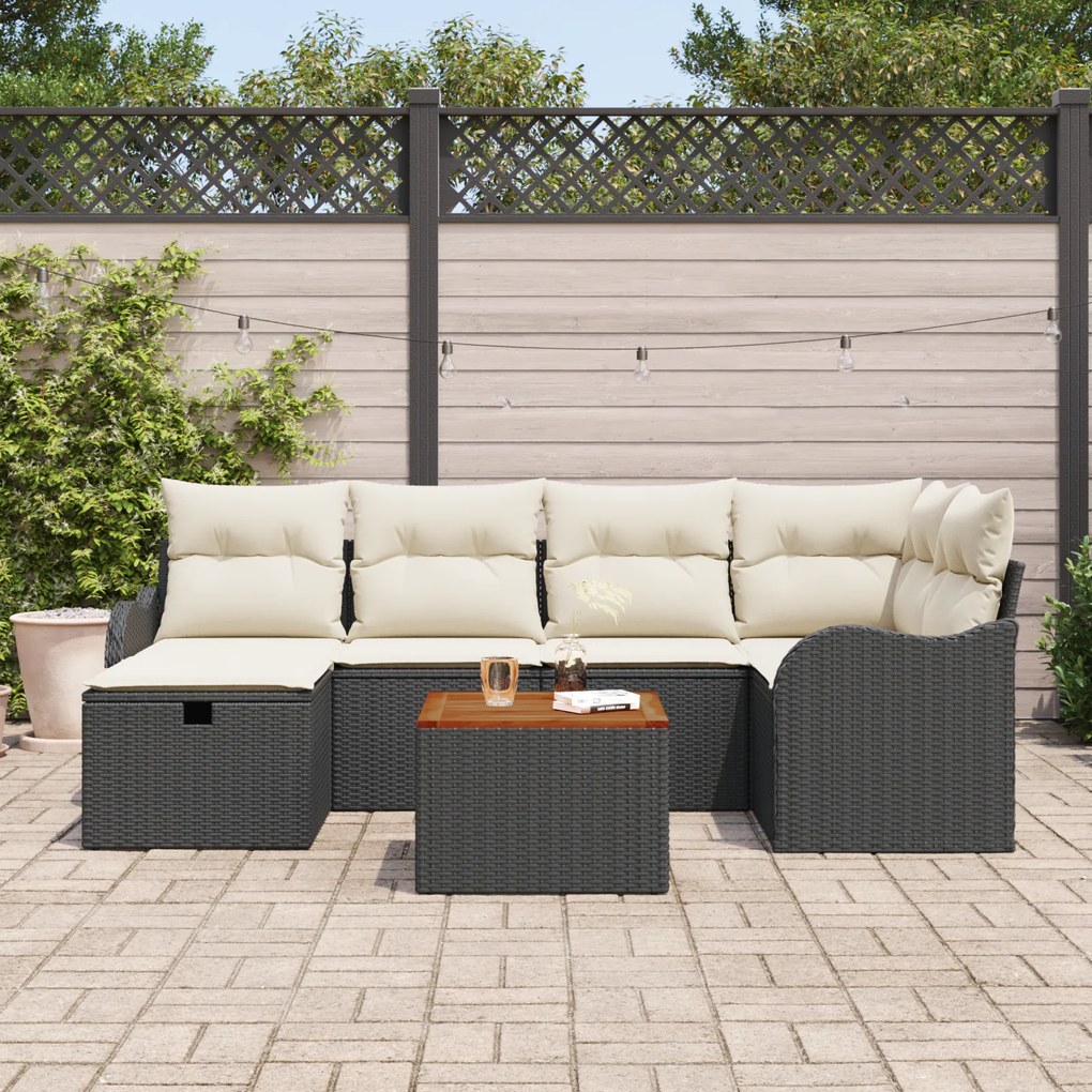 Conjunto de Sofás de Jardim vidaXL 7 Peças com Almofadas Preto Rattan
