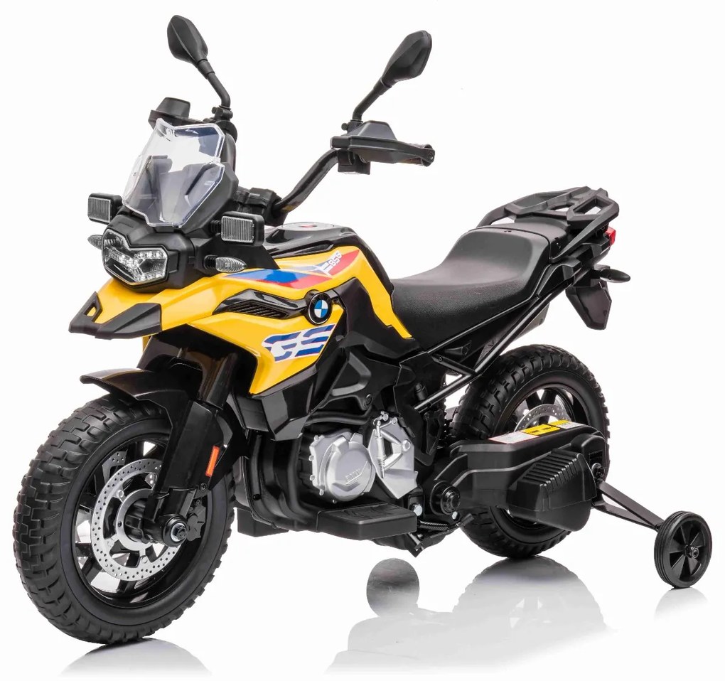 Moto eléctrica para crianças BMW F850 GS, 12V,Rodas Soft EVA, 2 motores x 35W, luzes LED, rodas auxiliares, MP3 player com entrada USB/Aux, Amarelo