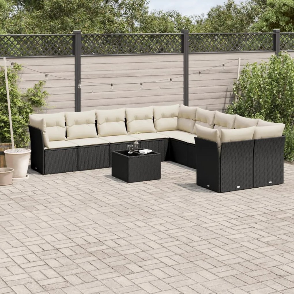 11 pcs conjunto sofás de jardim c/ almofadões vime PE preto