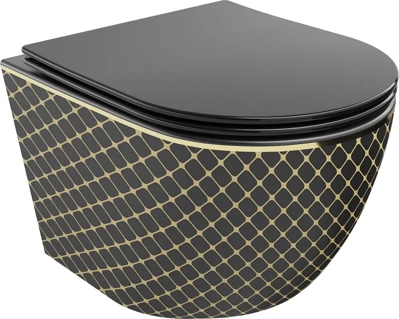 Mexen Lena sanitário suspenso sem borda com tampa de fechamento suave slim, duroplástico, preto mate/padrão dourado de grade
