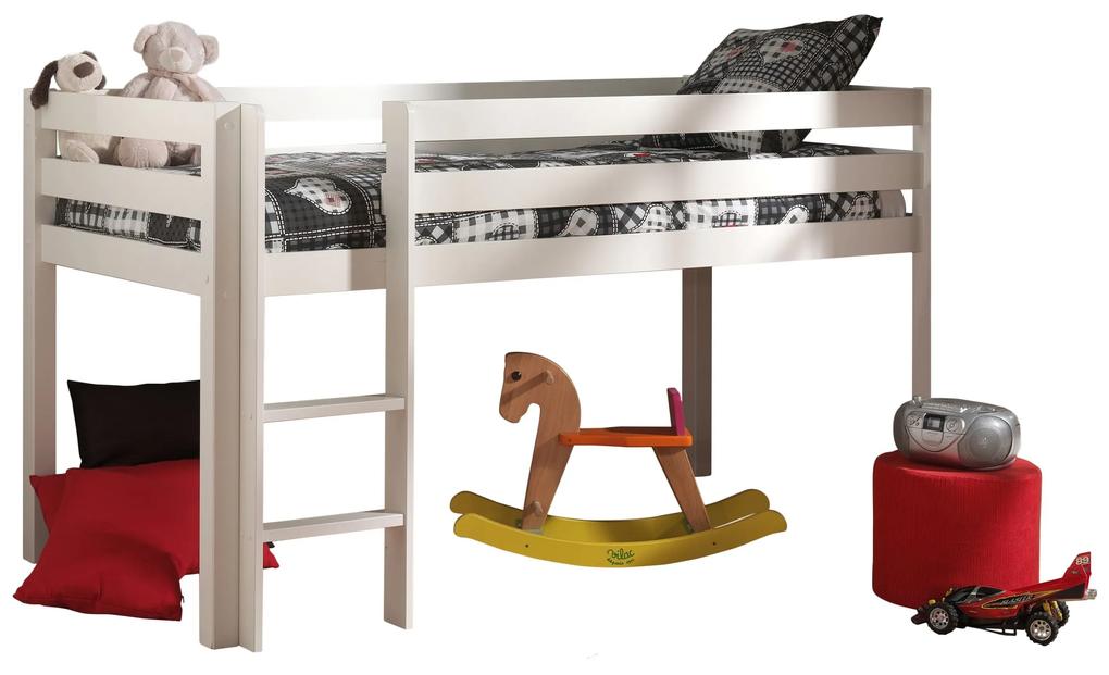 Conjunto Cama alta de Criança PINO 90 x 200 cm + estrado + escada + secretária extensível + cómoda com 4 gavetas + prateleira suspensa Branca