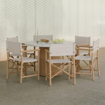 Conjunto De Mesa Redonda Ø120 Cm Em Cimento Sharpay E 6 Cadeiras De Diretor Dobráveis De Jardim Em Madeira De Acácia Olivia Marrom Acácia Claro -