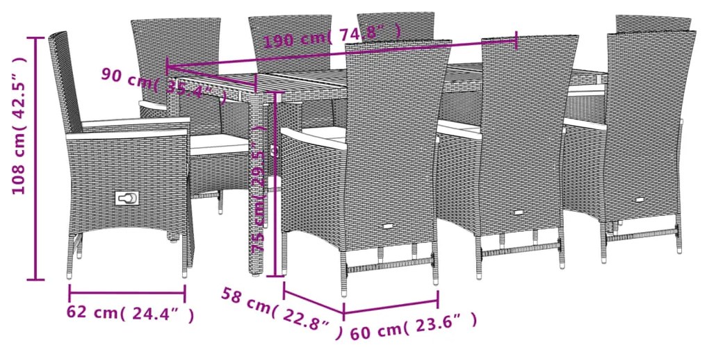 9 pcs conjunto de jantar p/ jardim c/ almofadões vime PE preto