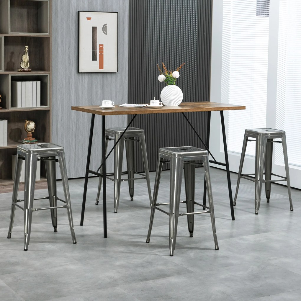 Conjunto de 4 bancos de bar industriais empilháveis (MESA NÃO INCLUIDA), com altura do assento de 76 cm, em metal prateado
