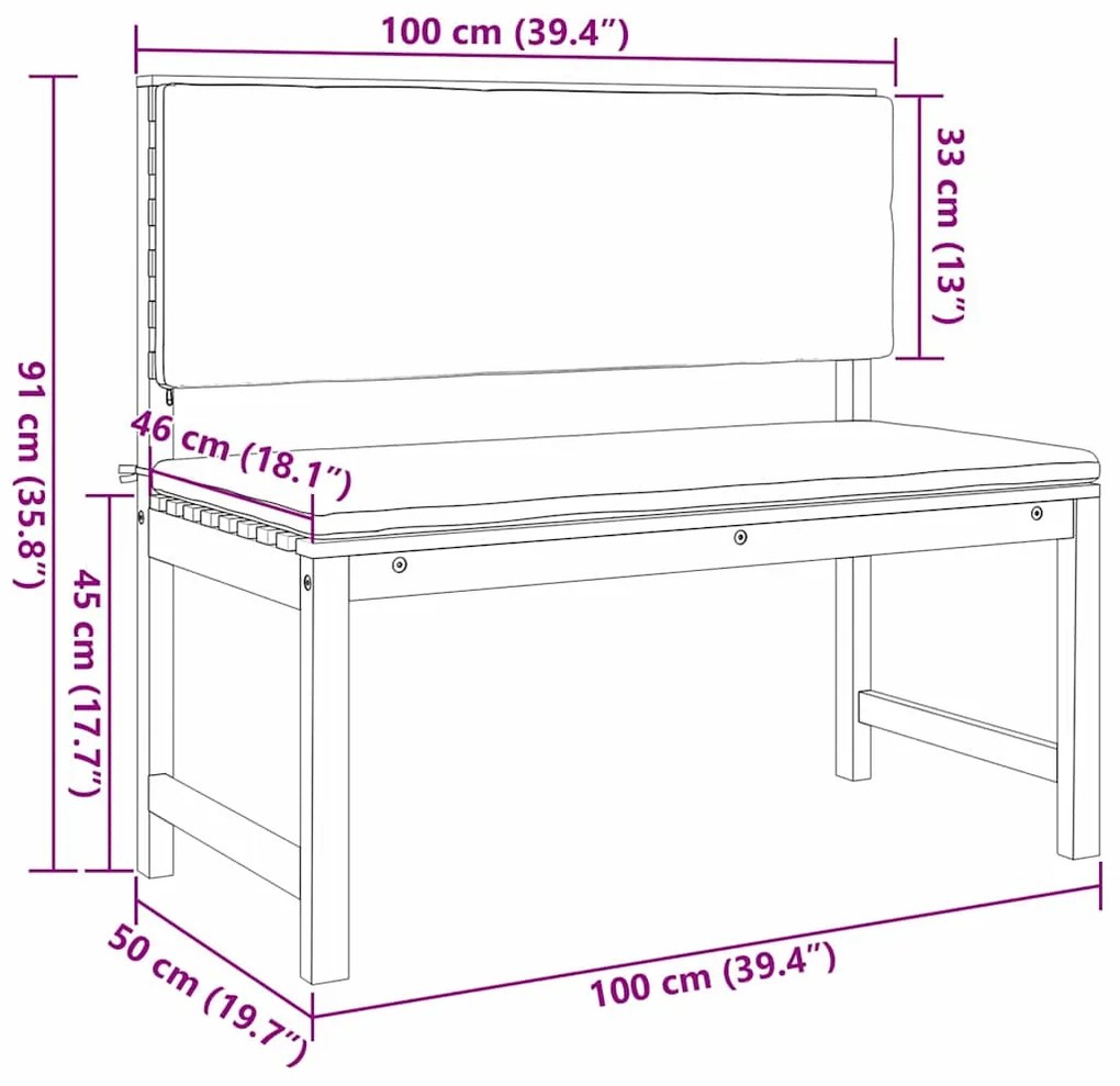 Banco de Jardim vidaXL com Almofadas 100x50x91 cm Madeira Maciça de Ac