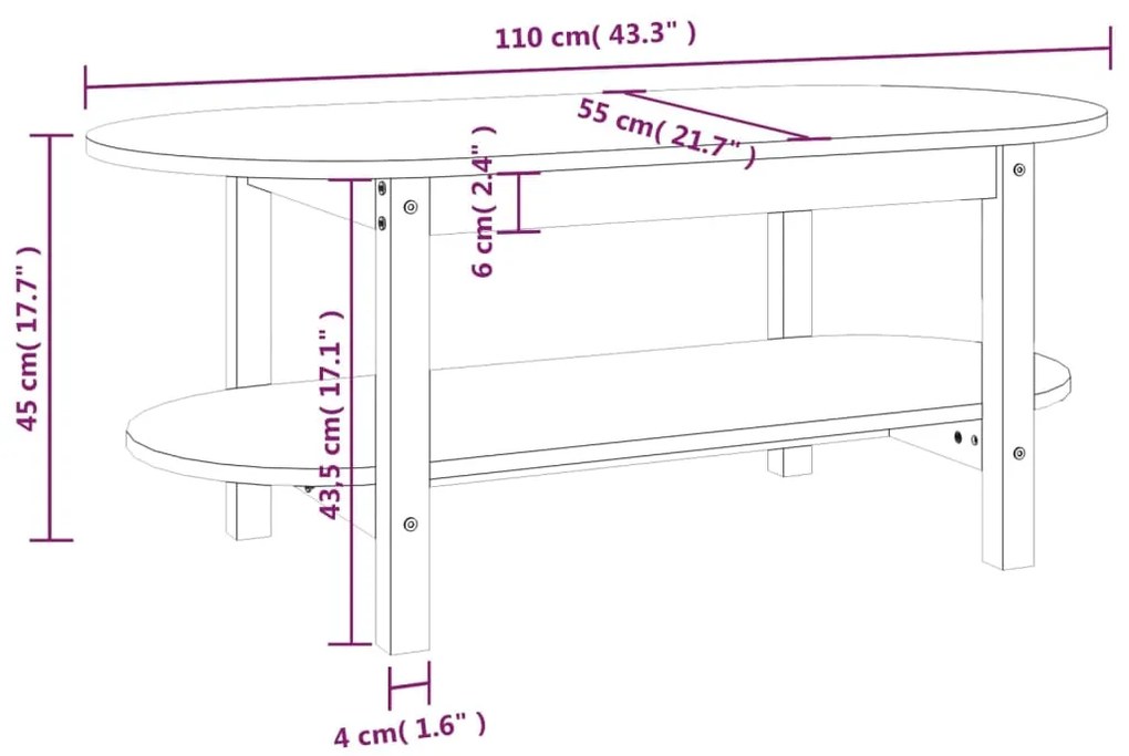 Mesa de centro 110x55x45 cm madeira de pinho maciça