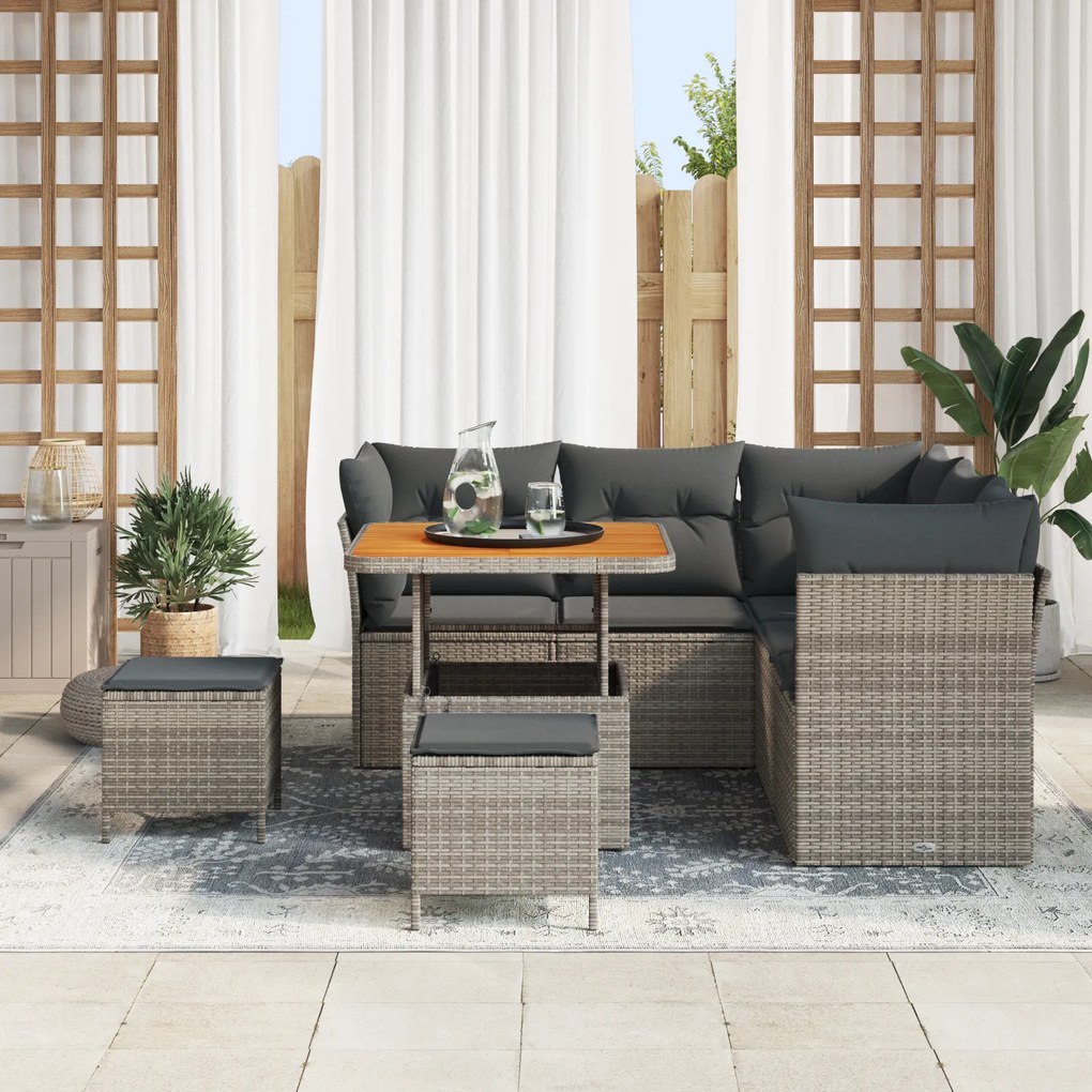 Conjunto de Sofá de Jardim de 8 Peças com Almofadas Cinza Polirattan A