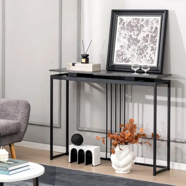 Mesa consola de imitação de mármore Estrutura de aço Mesa de entrada moderna Corredor Sala de estar Corredor 120 x 30 x 90 cm Preto