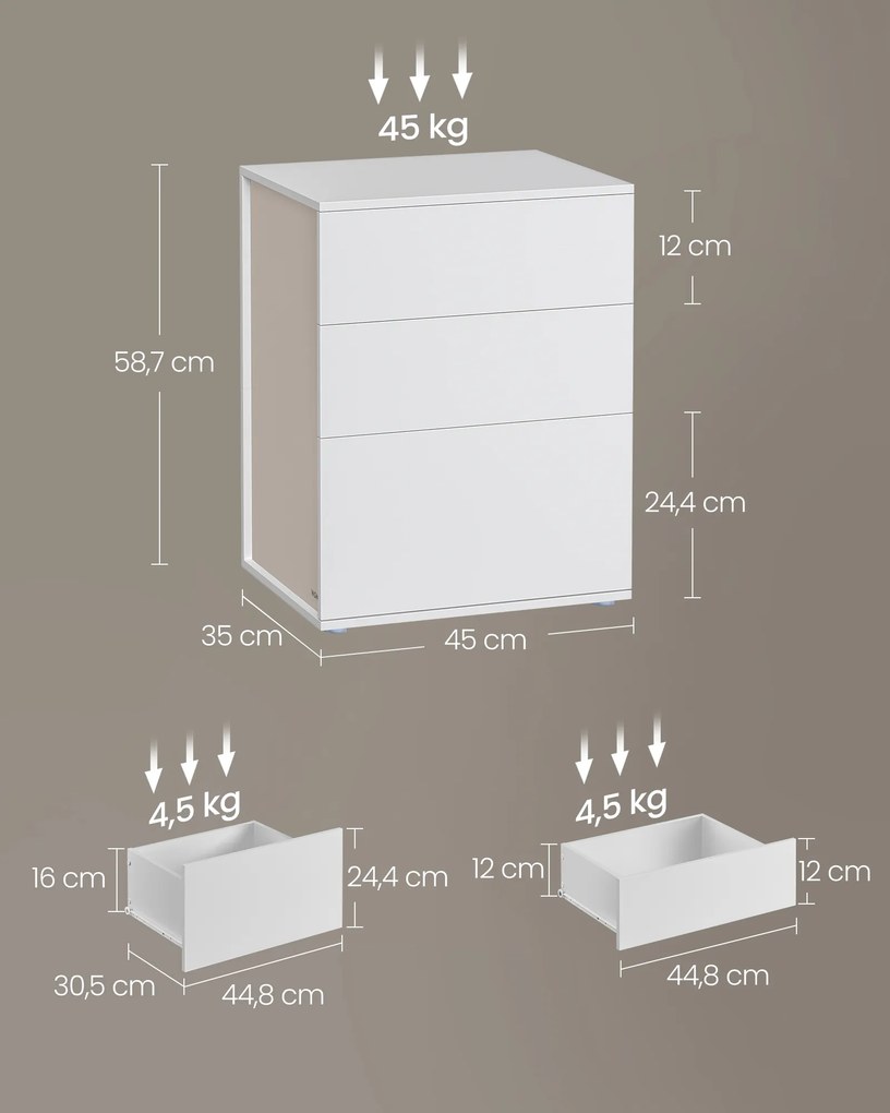 Mesa de cabeceira com 3 gavetas 35 x 45 x 58,7 cm branca-cappuccino bege