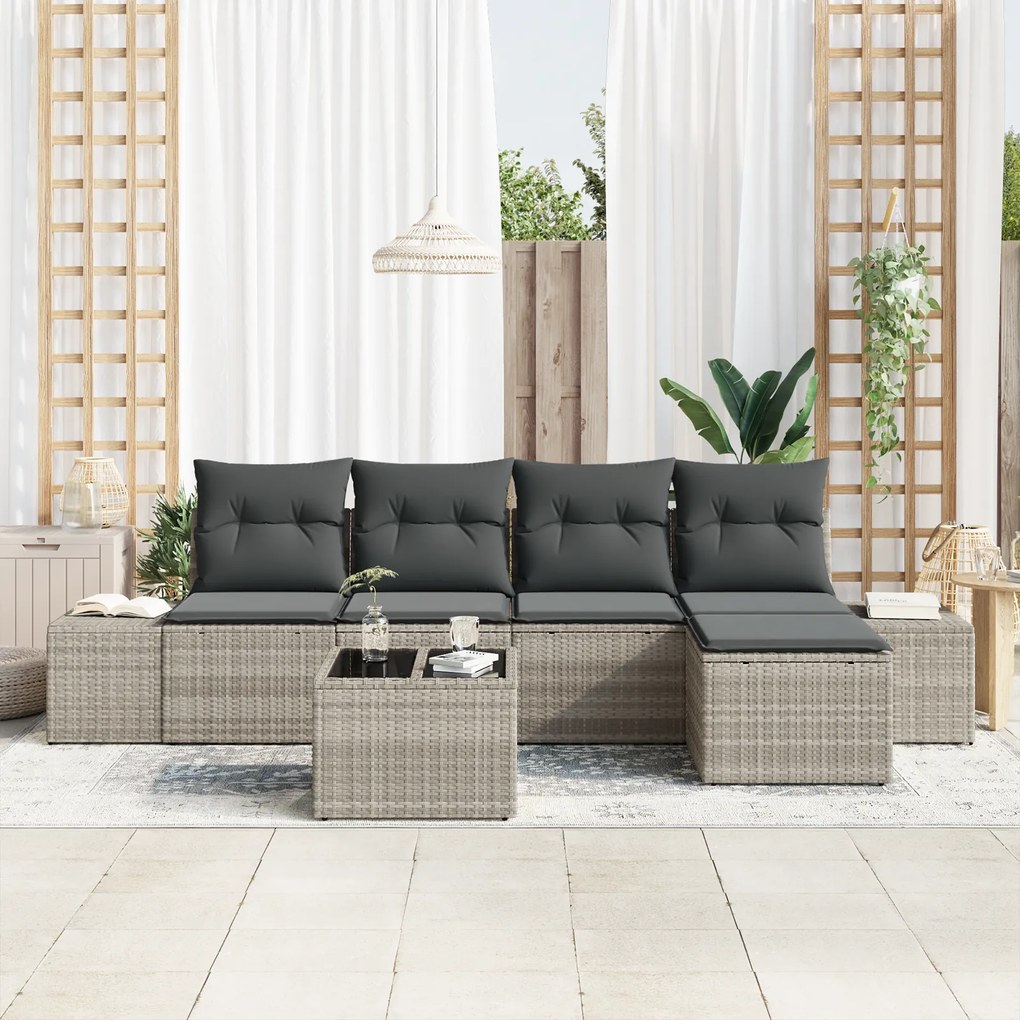 Conjunto de Sofá de Jardim de 6 Peças com Almofadas Cinza Rattan PE