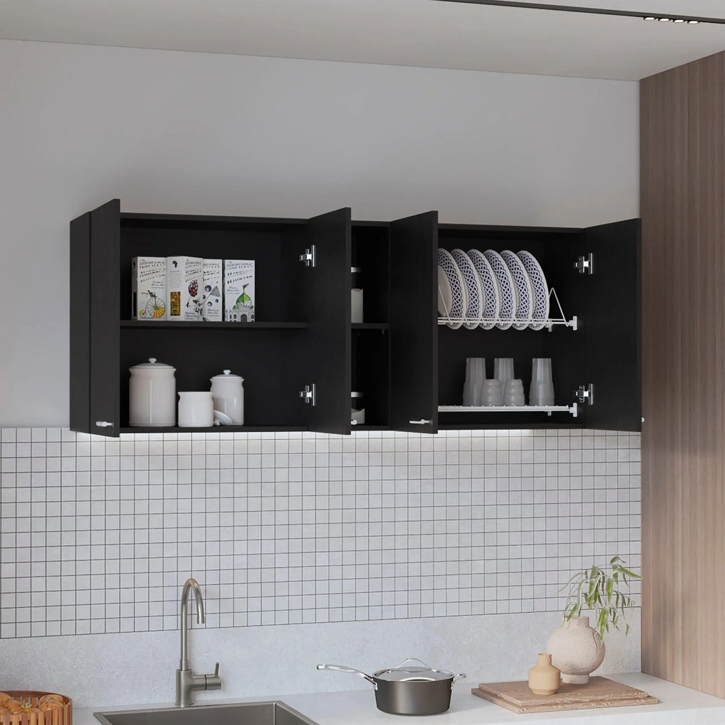 Móvel de cozinha em melamina Rochet com 4 armários e 3 prateleiras 60 x 150 x 31,5 cm, Preto