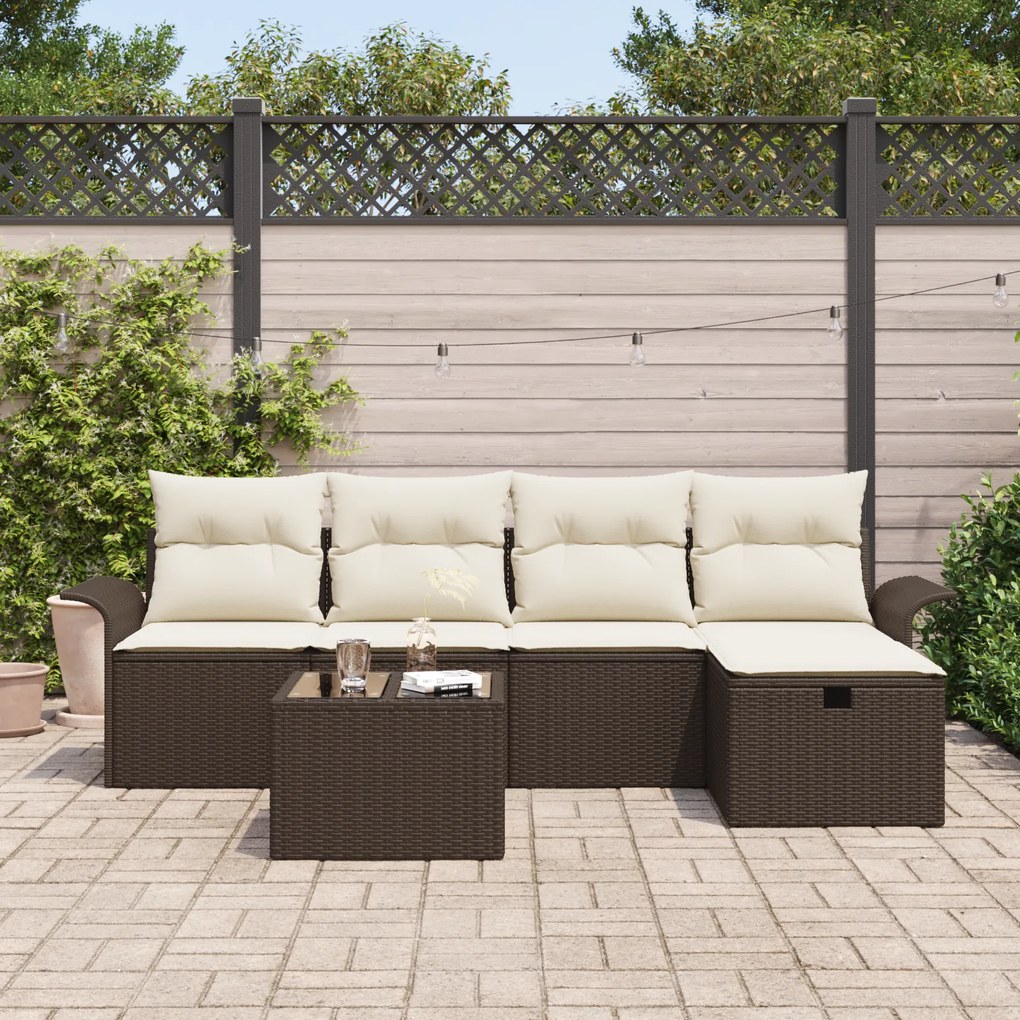 Conjunto de Sofás de Jardim de 6 Peças com Almofadas Castanho Vime Pol