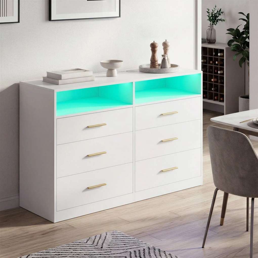 Cómoda com iluminação LED e base de carregamento, 6 gavetas 40 x 119 x 81,2 cm, moderna branca