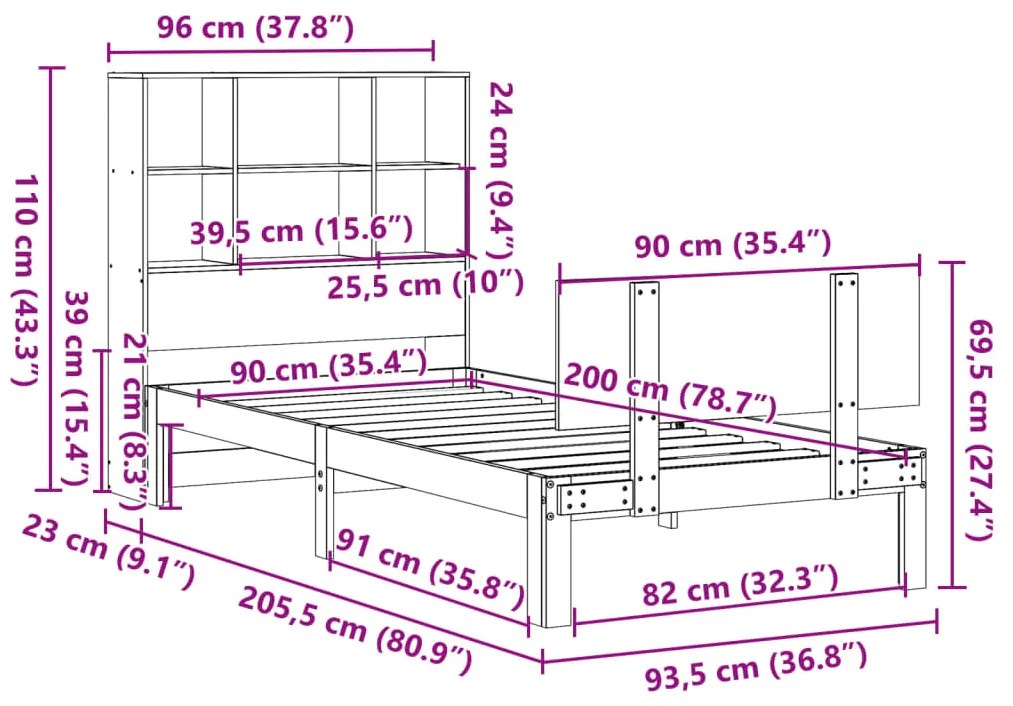 Cama com estante sem colchão 90x200 cm pinho maciço branco