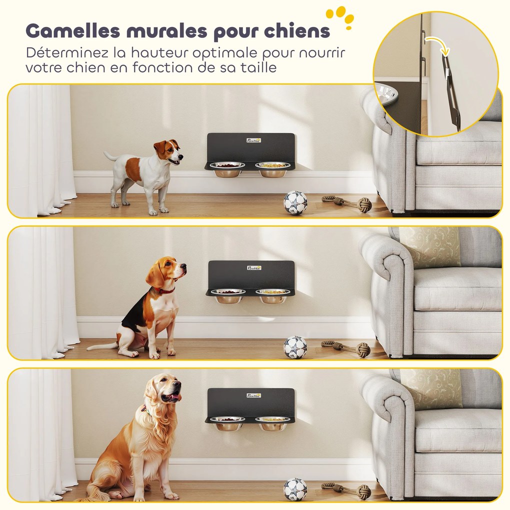 Conjunto de 2 Taças para Cão de Parede, 42 x 23,5 x 14 cm, Altura Regulável, Preto