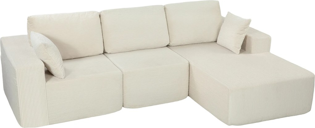 HOMCOM Sofá de canto modular 2 em 1, 267 cm, sofá-cama 3 lugares em veludo cotelê, assentos e apoios de braço largos, creme | Aosom Portugal