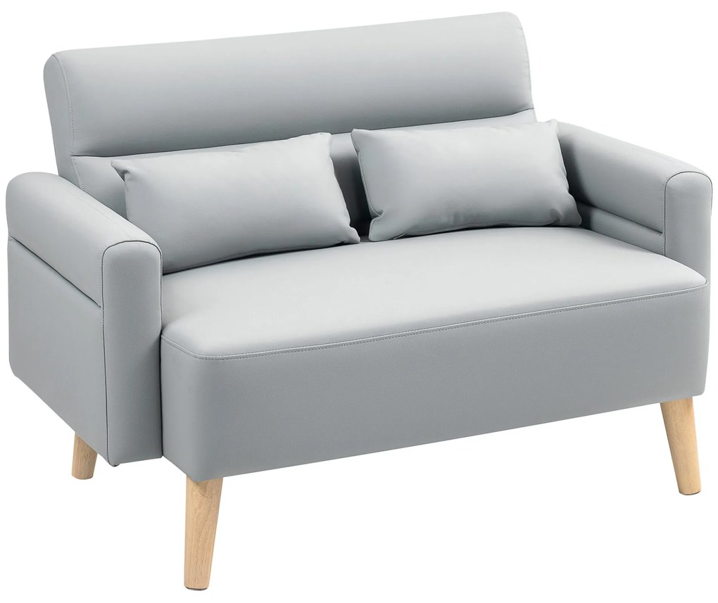 HOMCOM Sofá de 2 Lugares Estofado em Couro Sintético Sofá de Sala de Estar de 117 cm com Braços Acolchoados e Pernas de Madeira para Quarto Sala de Estar 117x78x78 cm Cinza