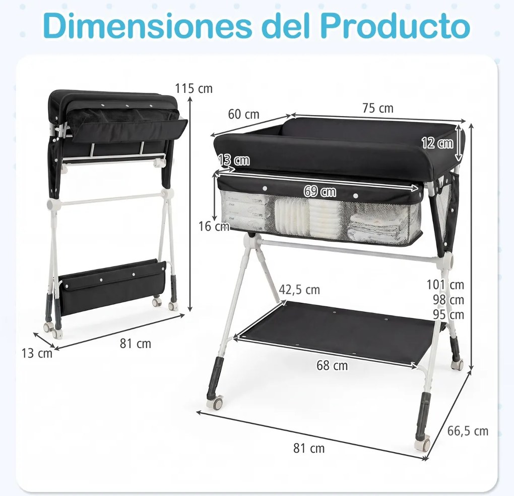 Mesa Trocador fraldas para Bebés Portátil e Dobrável Altura Ajustável 3 Níveis Organizador Móvel com Cesto Prateleira Rodas e Travão Preta