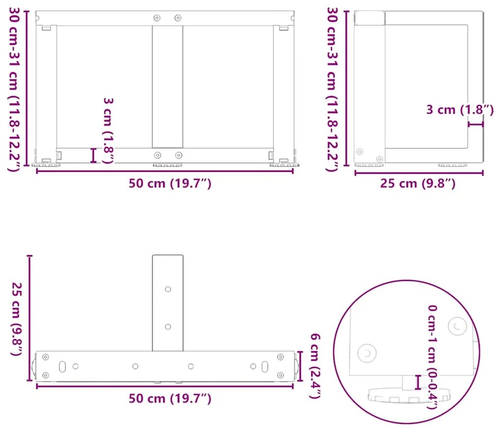 Pés para mesa de centro em forma de T, 2 peças, preto, 50x25x(30-31) c