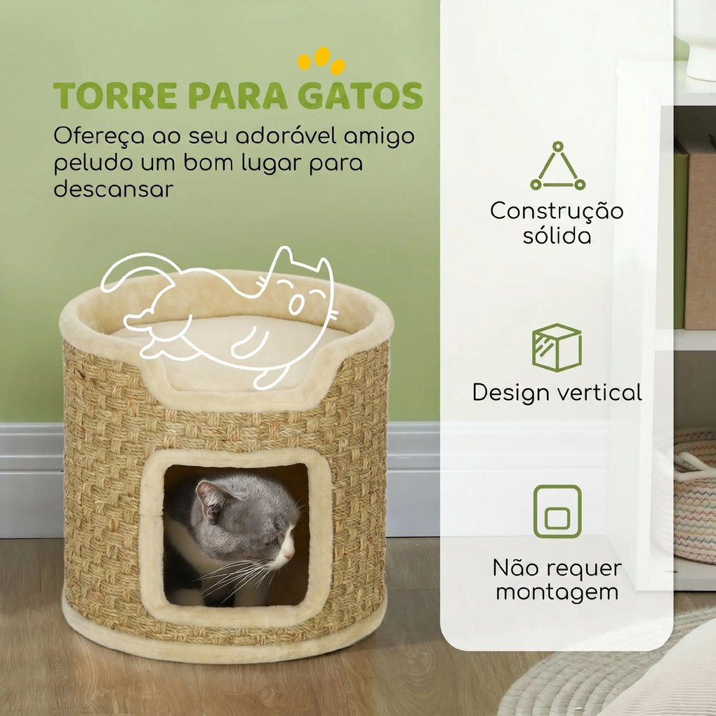 Barril Arranhador para Gatos 37 cm com Toca e Cama Superior em Sisal, Caqui