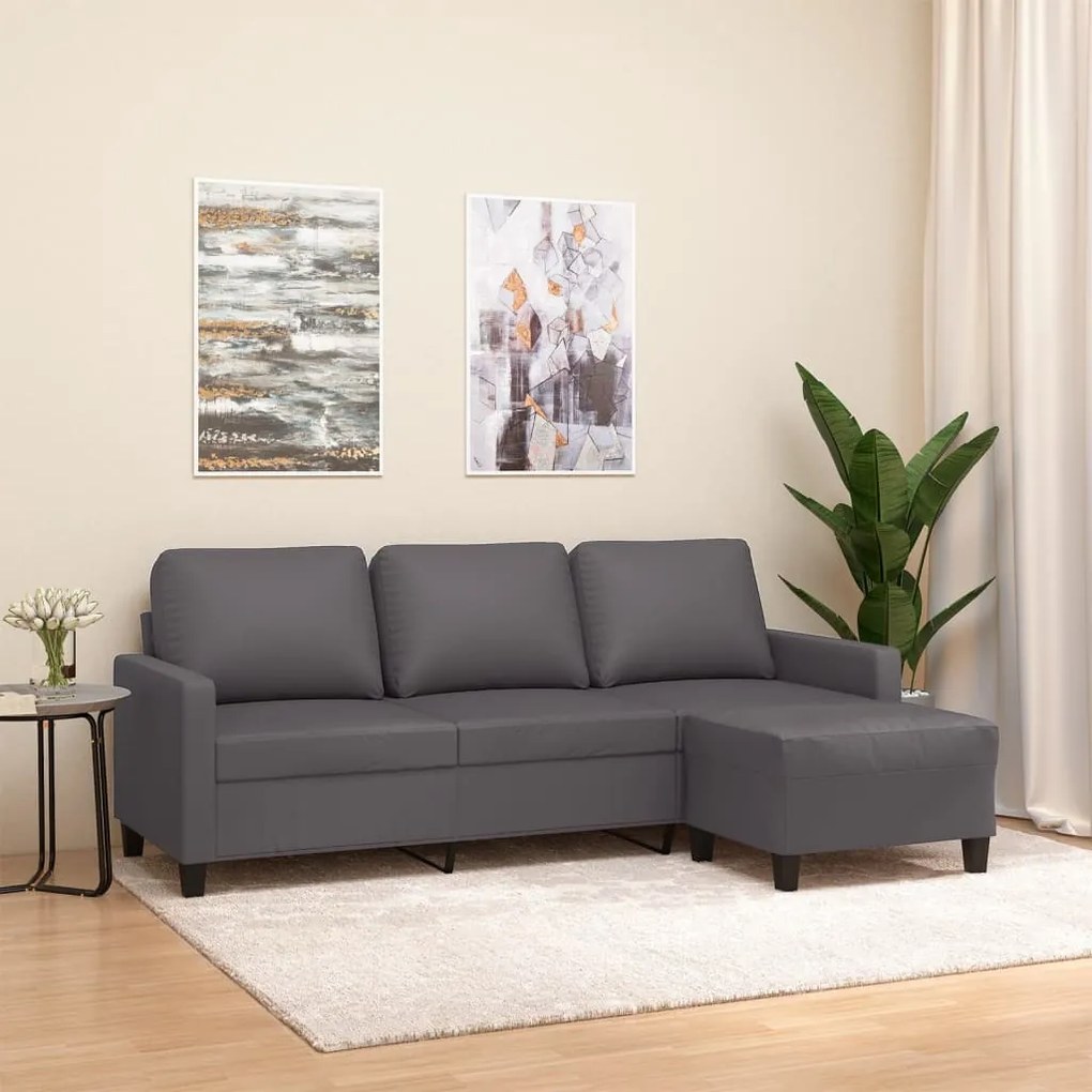 Sofá de 3 lugares c/ apoio de pés 180 cm couro artificial cinza