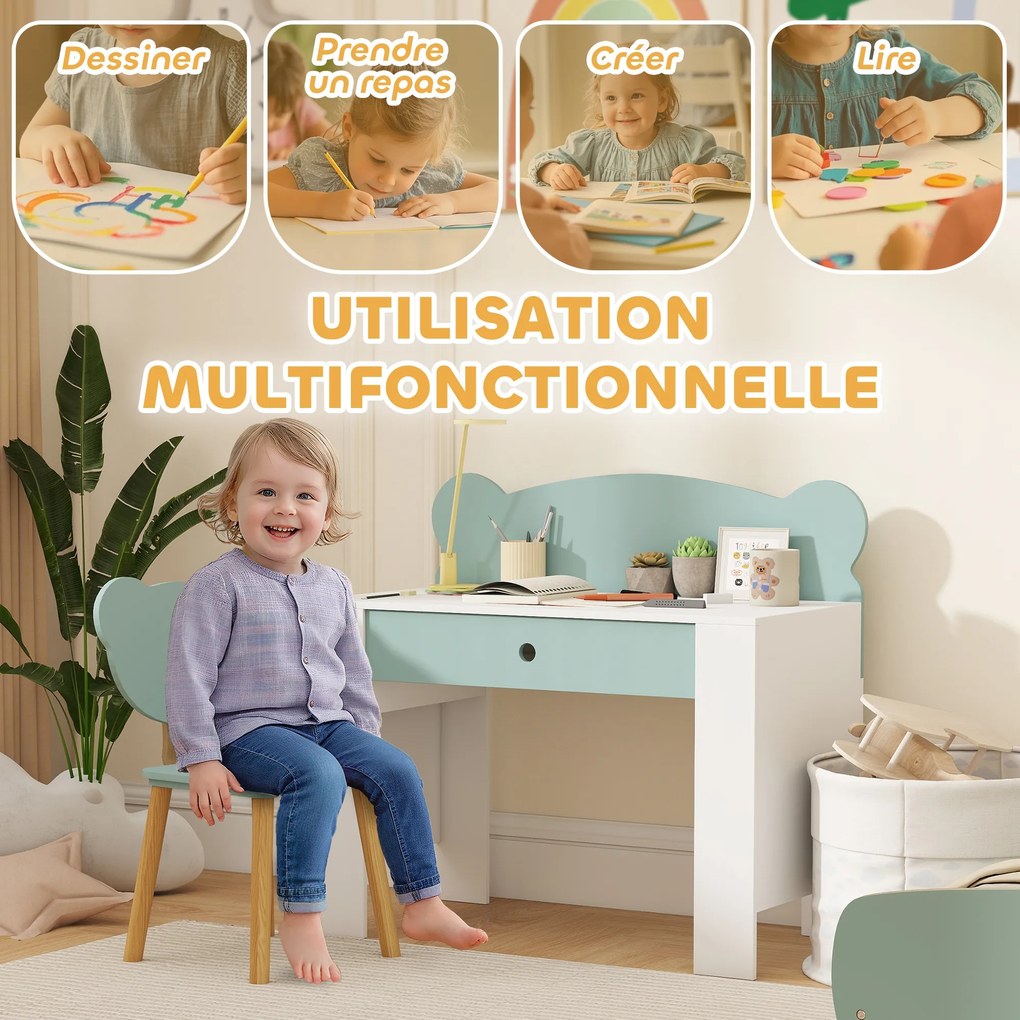 Secretária infantil com cadeira, mesa infantil e cadeira com gaveta e tampo largo, 80 x 41 x 74,5 cm, verde