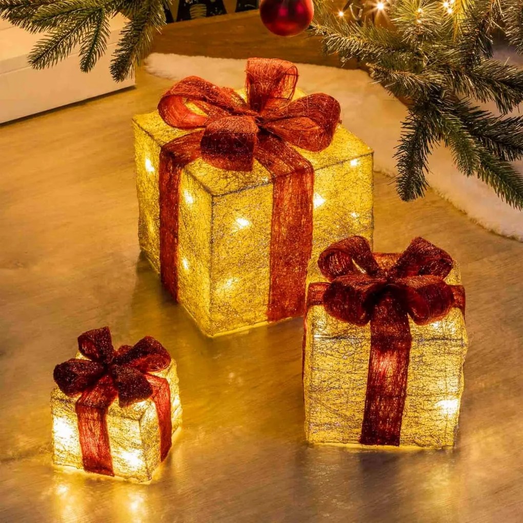 HI Caixa presente de natal com fitas vermelhas e luzes LED 3 pcs