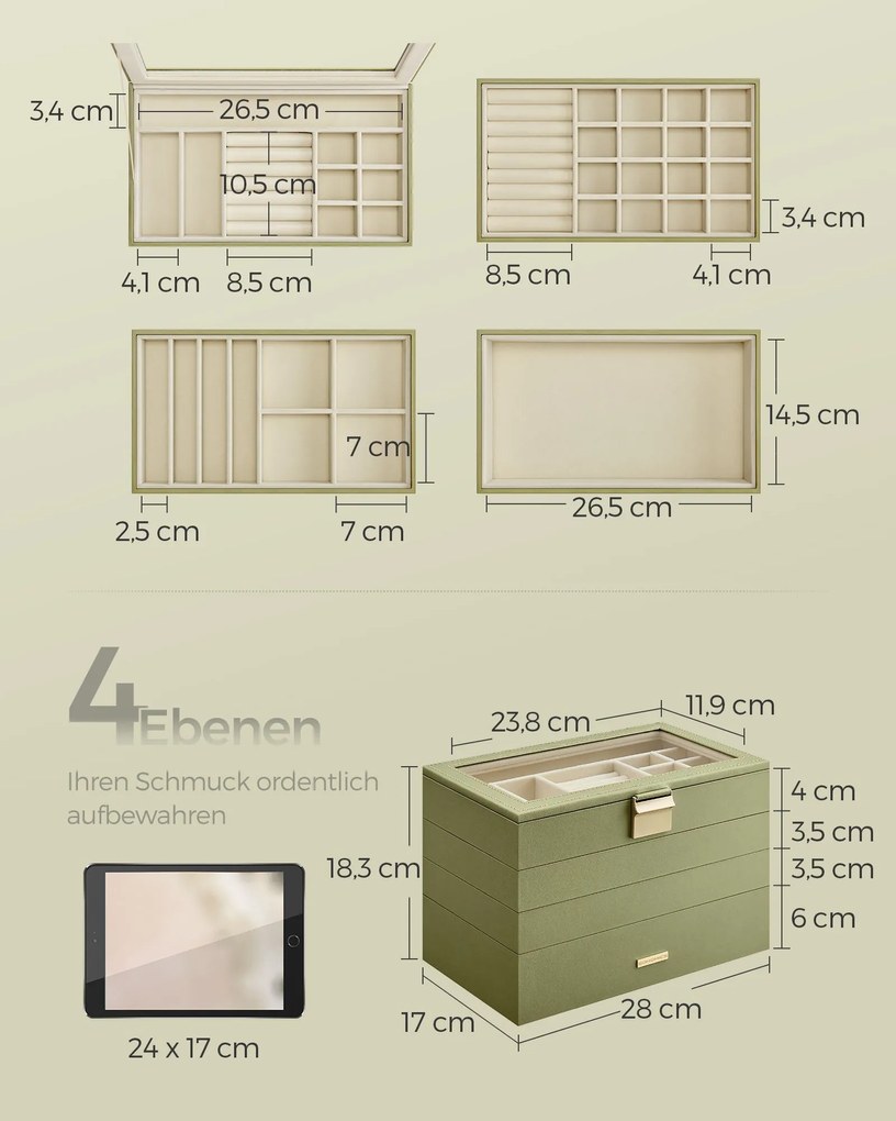 Caixa para jóias 4 níveis com tampa de vidro Ideia de presente 17 x 28 x 18,3 cm Verde louro