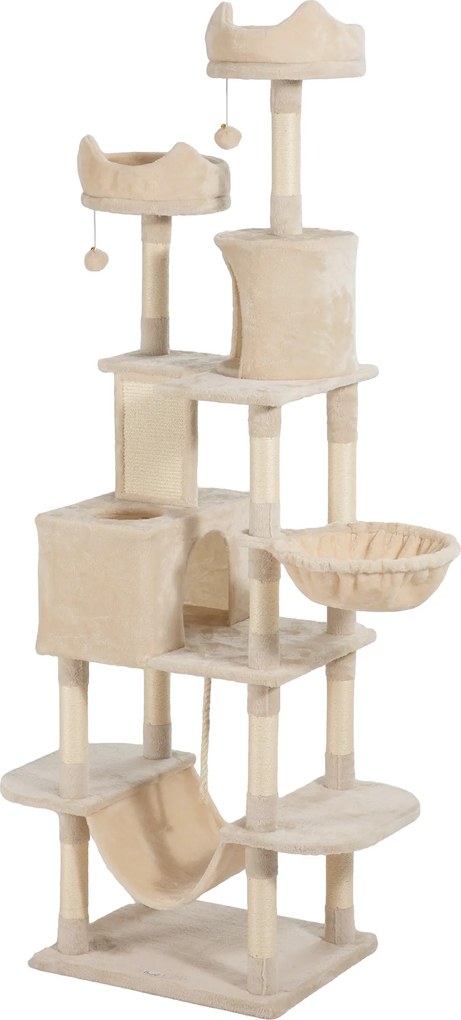 PawHut Arranhador para Gatos Grande Altura 173 cm Torre para Gatos com Plataformas Caverna Bolas Suspensa e Rede Bege | Aosom Portugal