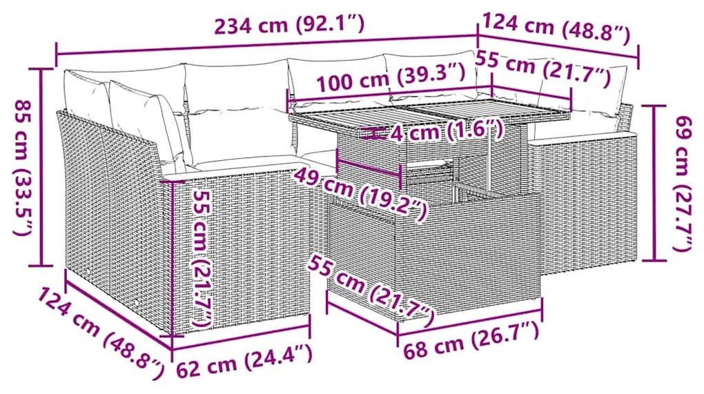 6 pcs conjunto sofás jardim c/ almofadões vime PE/acácia preto