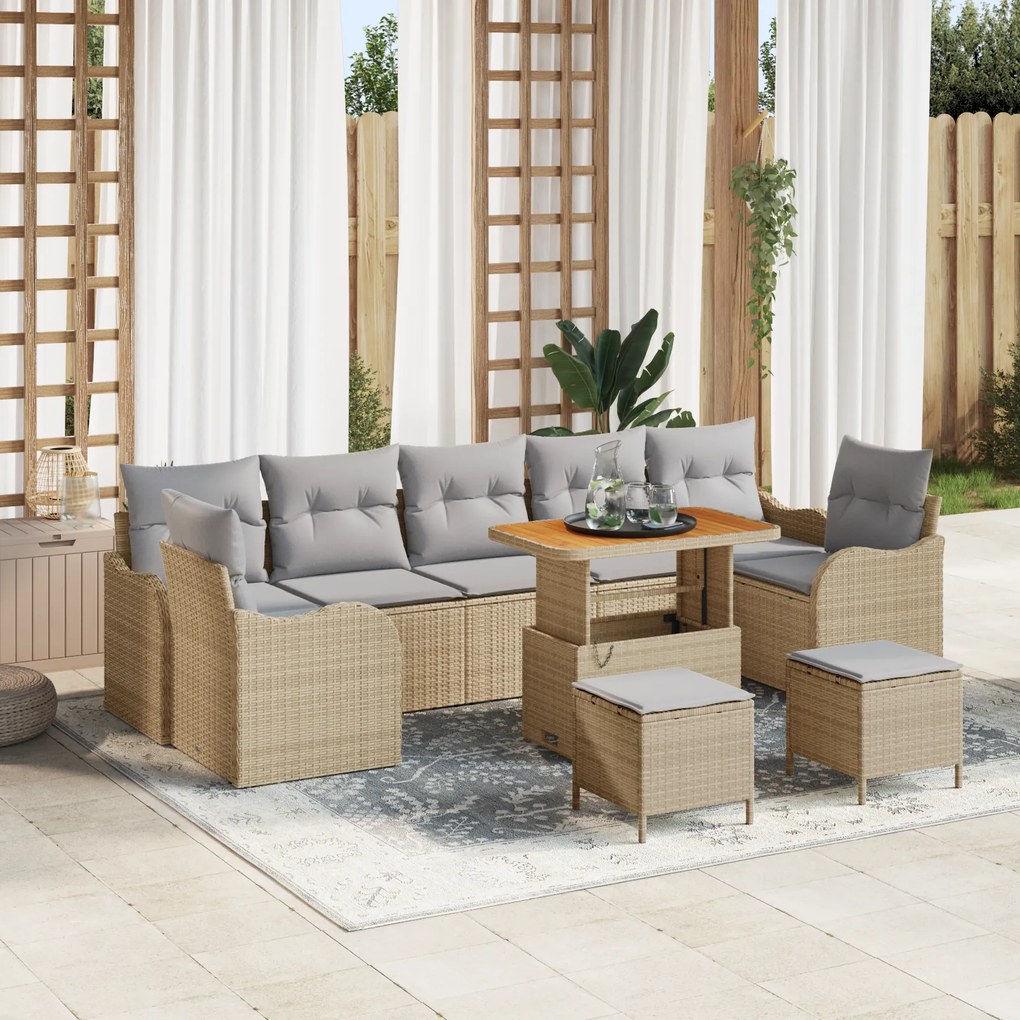 Conjunto de Sofá de Jardim de 10 Peças com Almofadas Bege em Vime Sintético Acácia