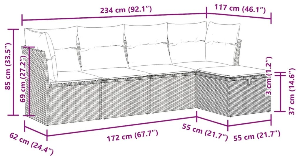 5 pcs conjunto de sofás p/ jardim com almofadões vime PE bege