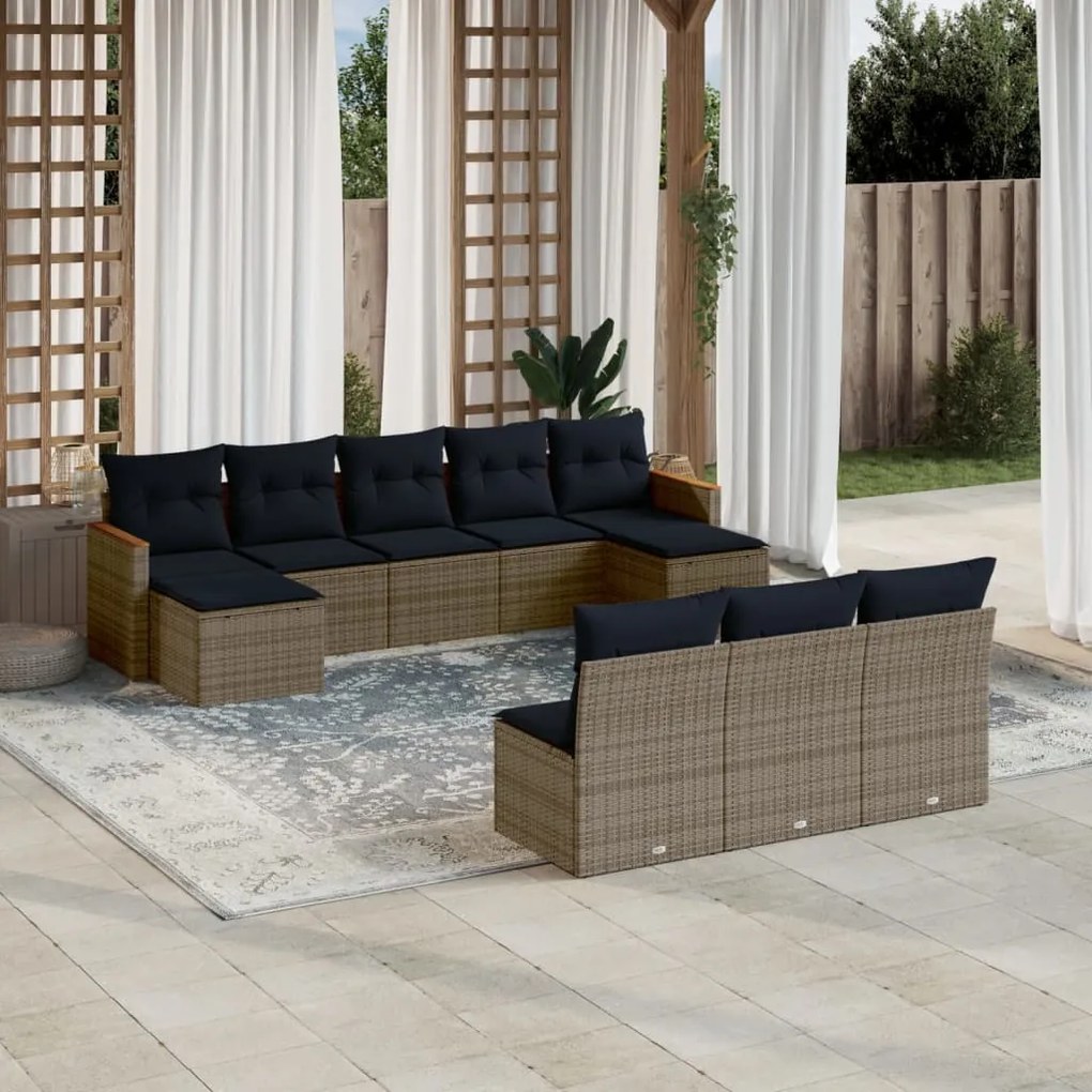 vidaXL 10 pcs conjunto sofás p/ jardim c/ almofadões vime PE cinzento