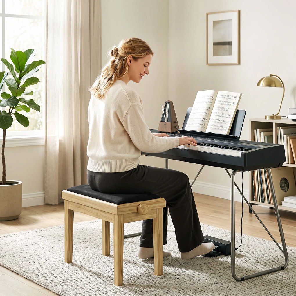 Banco de piano 61,5 L x 33 P x 45-56 A cm ajustável em altura de 45 a 56 cm, banco de teclado, assento almofadado em veludo, madeira natural