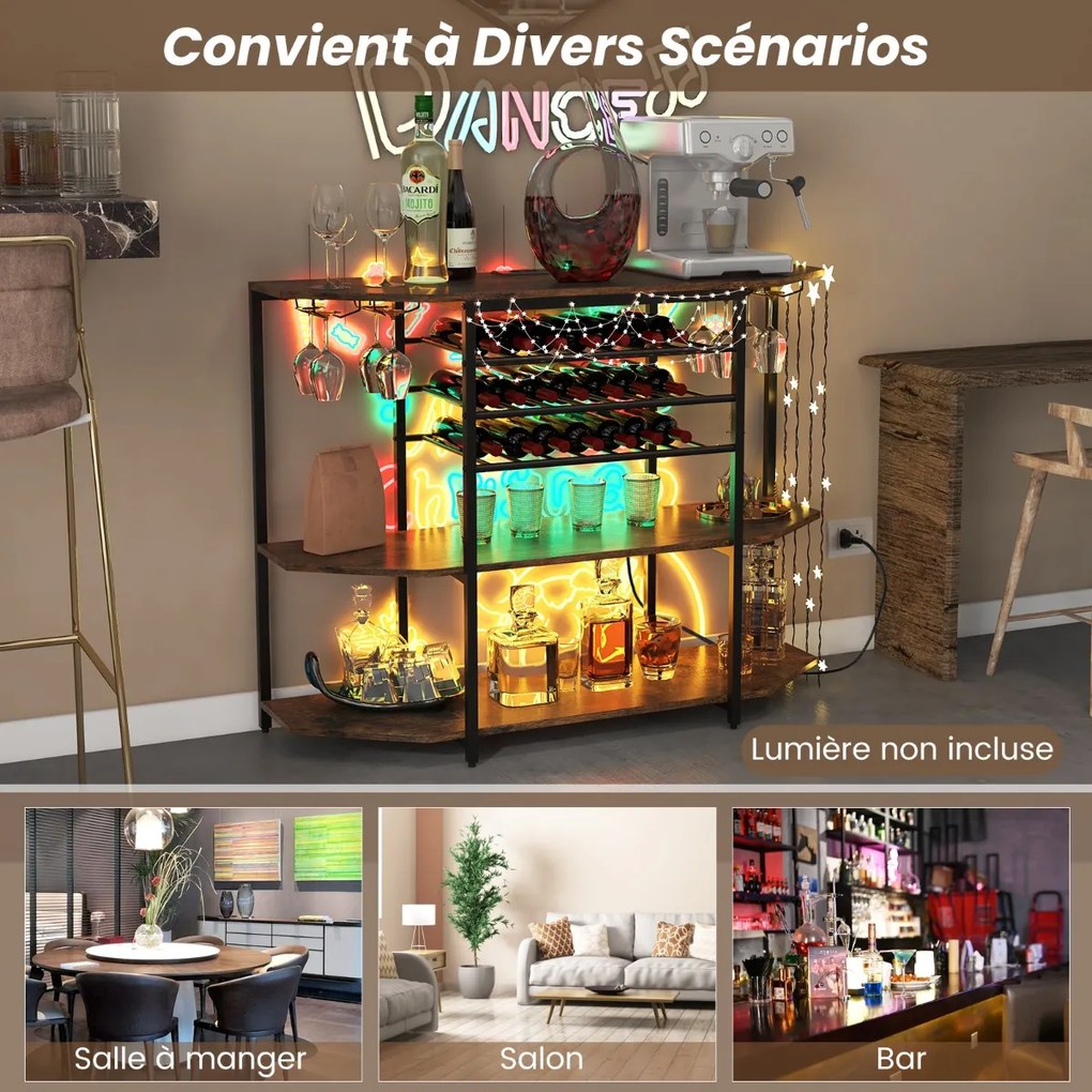 Suporte para vinhos industrial de 3 níveis com soquetes, porta-garrafas e suportes para copos, armário para bar de vinhos cinza