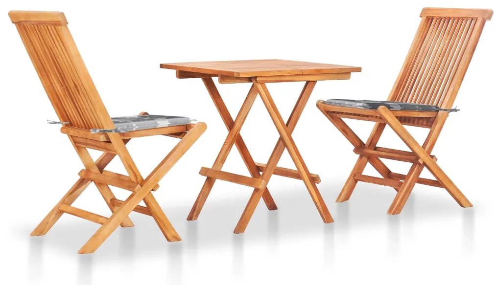 Conjunto bistrô c/ almofadões xadrez cinzento 3 pcs teca maciça