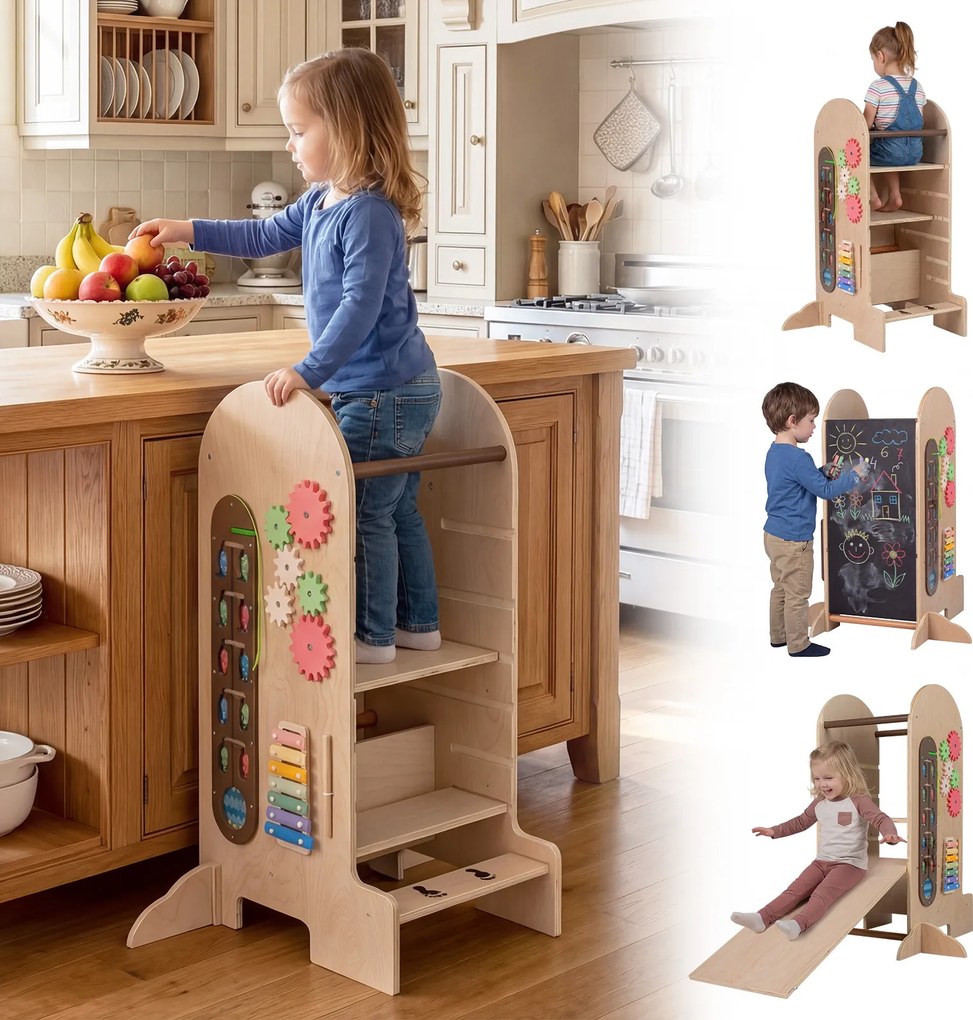Torre de Aprendizagem Montessori 4 em 1, 72,5 x 59,5 x 90 cm, Altura Regulável, Natural