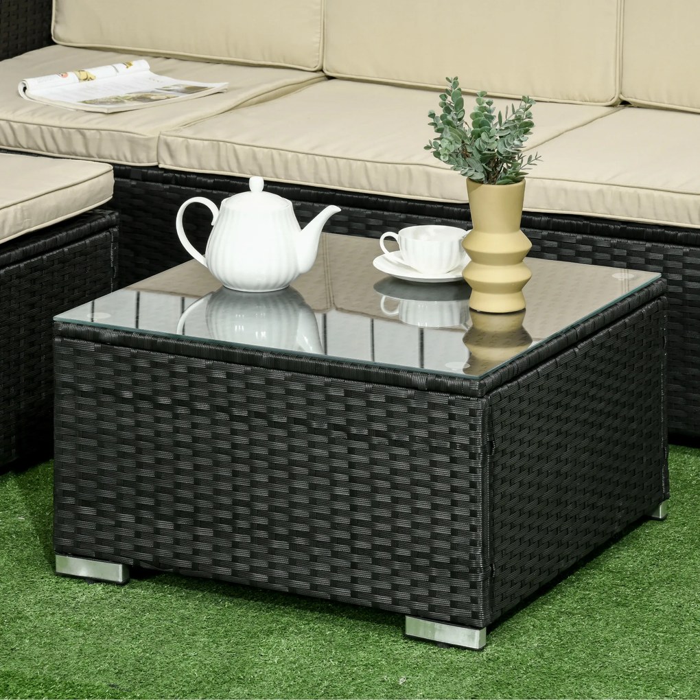 Outsunny Conjunto de Móveis de Vime de Jardim 3 Peças Conjunto de Móveis de Vime Exterior Sofá de 3 Lugares com Almofadas Acolchoadas Mesa de Centro com Bancada de Vidro Temperado e Banco Preto e Bege