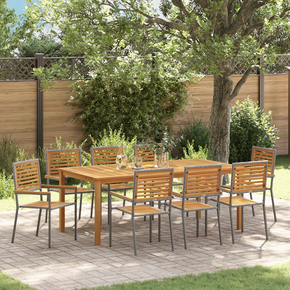 Conjunto de Jantar Jardim vidaXL 9 Peças Cinza Rattan Sintético Acácia