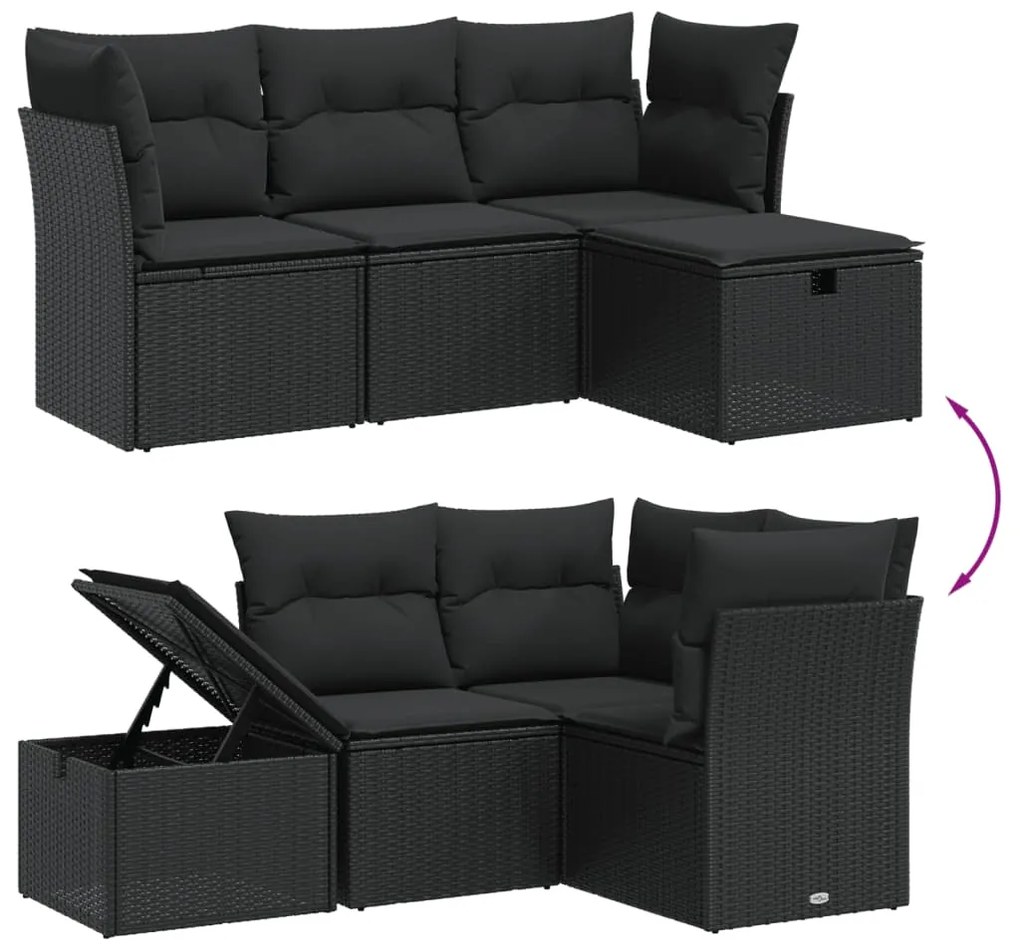 4 pcs conjunto de sofás para jardim c/ almofadões vime PE preto